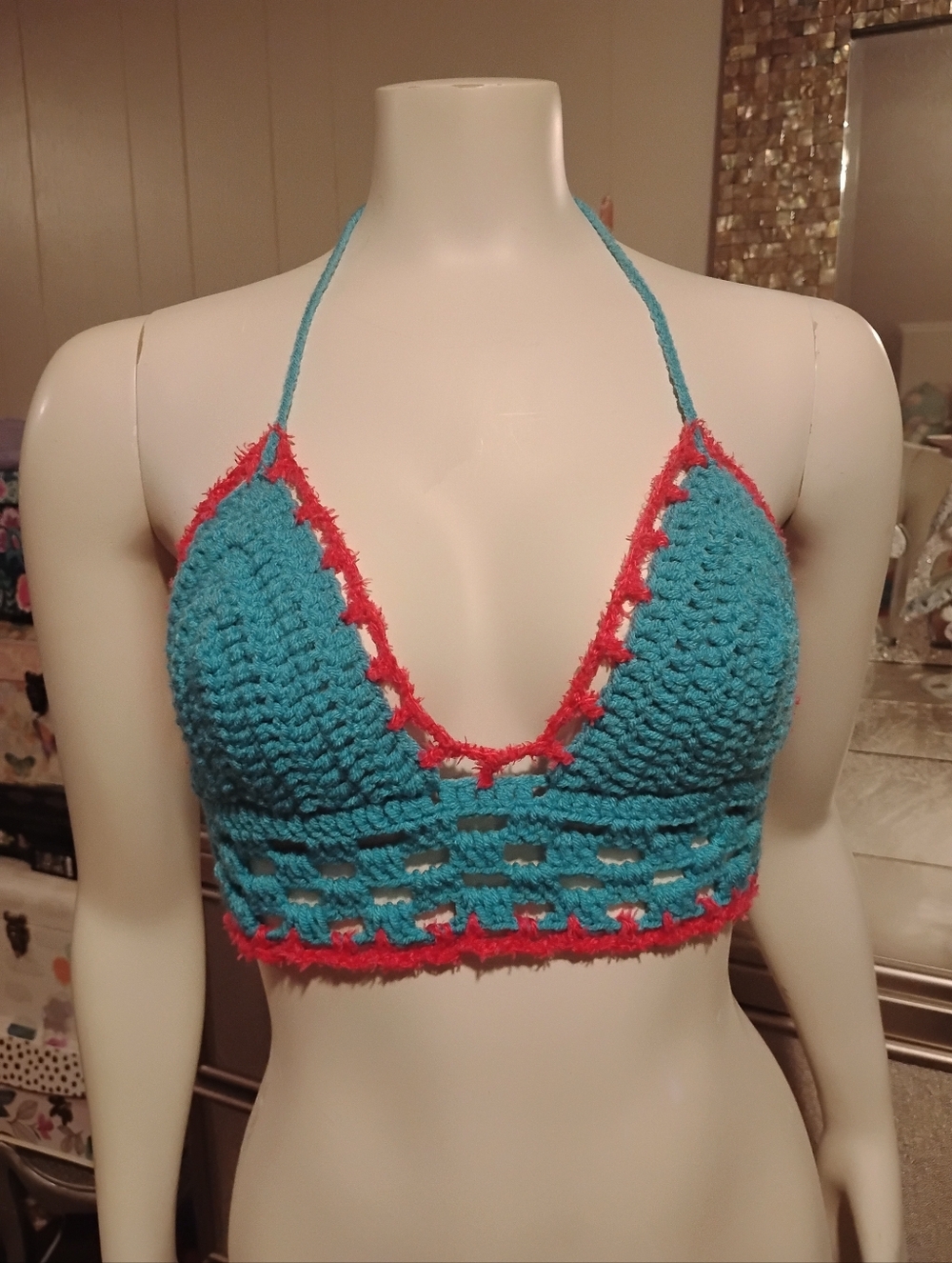 Handmade Crochet Halter Bralette in Turquoise with Coral Trim